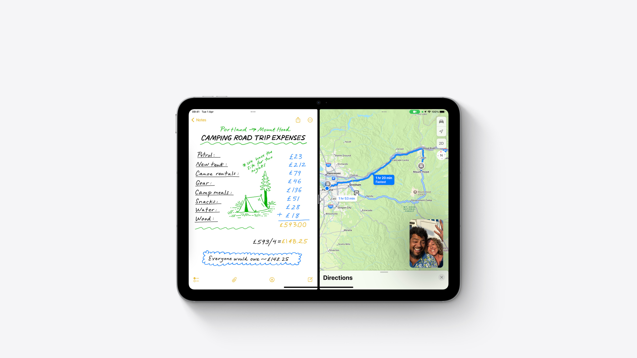 Apple iPad A16 used in landscape showing Notes and Maps side by side