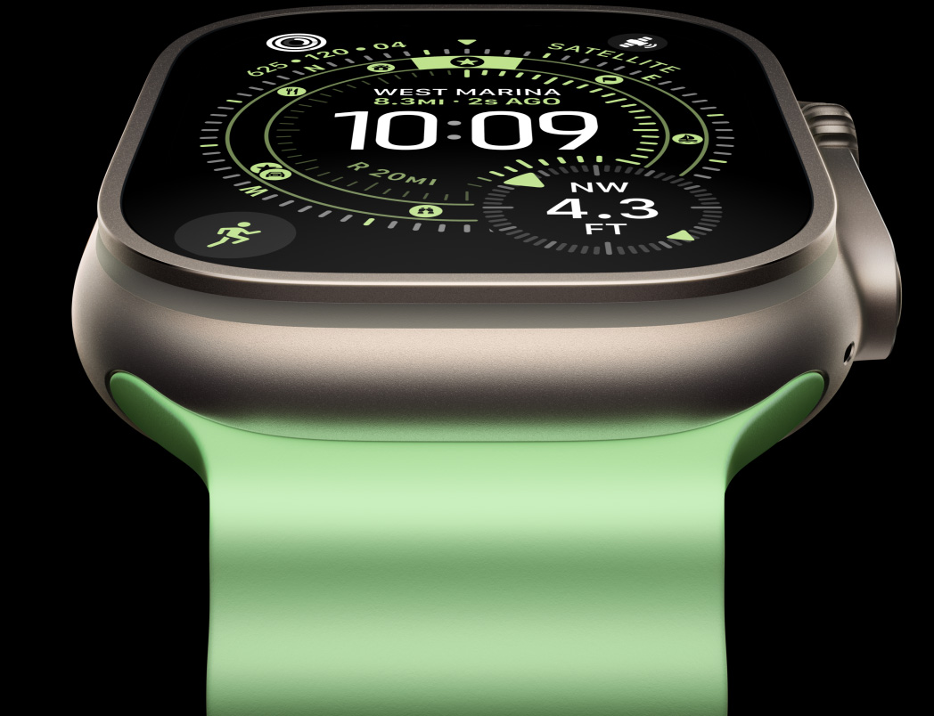 Apple Watch Ultra 3 titanium case and display, three-quarter view